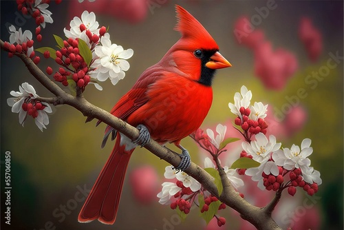 Fotografiet a red bird sitting on a branch of a tree with white flowers and red berries on it's branches