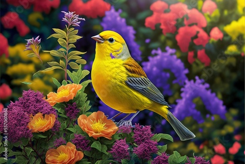  a bird is perched on a flower bush with many flowers in the background and a painting of a yellow bird. Generative AI