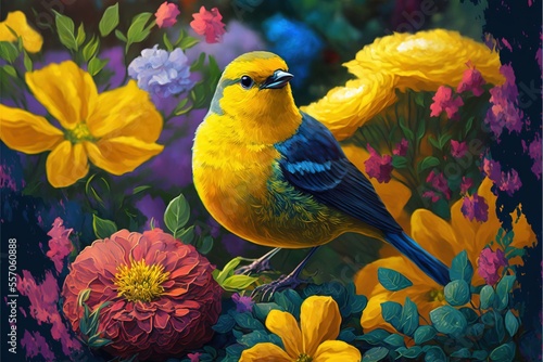  a painting of a yellow bird sitting on a flowery branch with yellow flowers in the background and a blue sky. Generative AI photo