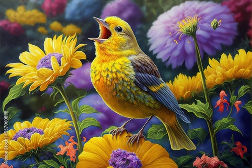 Obraz na plátně a painting of a bird singing in a field of flowers with a background of purple