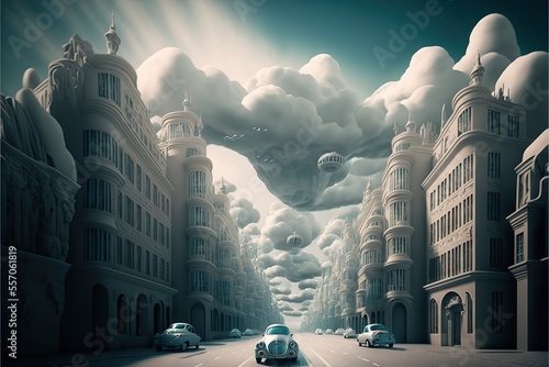  a painting of a city street with cars driving down it and a giant cloud in the sky above it. Generative AI