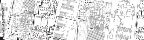 Schematic background.
Drawings of an electronic device on white paper sheets. Vector electrical schematic diagram of an digital electronic device.