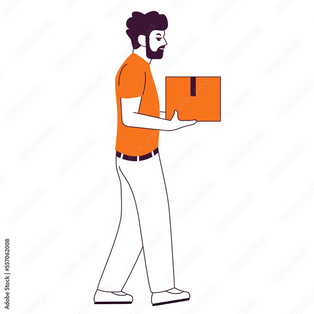 Man holding a package box.Delivery man.A postman with a box.Outline vector illustration.Isolated on white background. Man holding a package box.Delivery man.A postman with a box.Outline vector illustration.Isolated on white background.