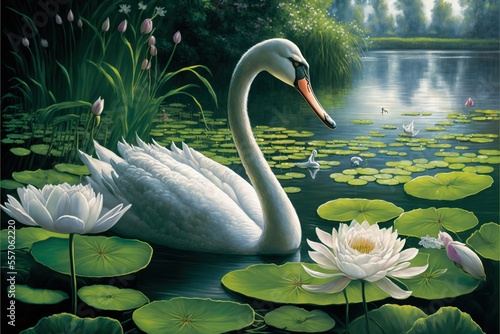  a painting of a swan in a pond with lily pads and water lillies in the foreground and a forest in the background. Generative AI photo