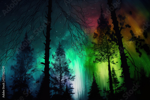abstract image of the woodland with northern lights. Generative AI