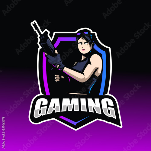 Gaming character mascot logo. Woman wearing rifle in shield for team game esport