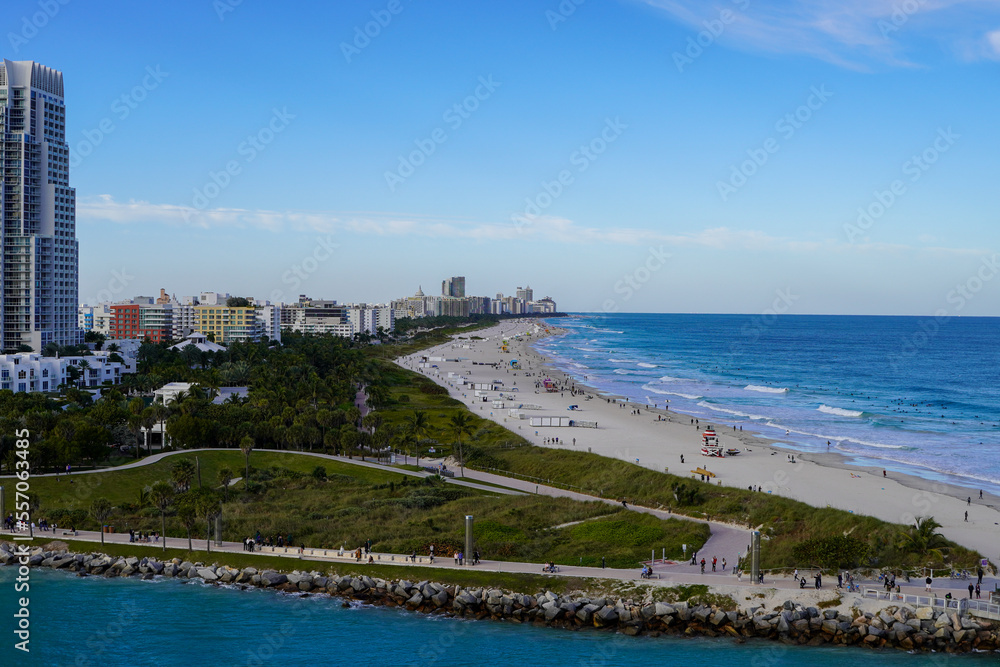 Beautiful aerial panoramic view of the city of Miami, its buildings, marina, yachts and luxurious suburbs houses