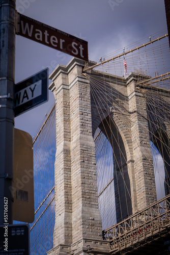 Fototapeta Naklejka Na Ścianę i Meble -  NYC Bridge With Street Sign In Foreground