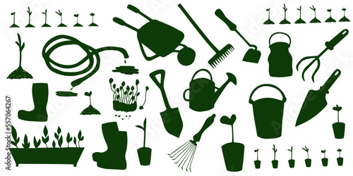 Silhouettes of garden tools and saplings. Wheelbarrow, home garden, agricultural work, gardening. Simple garden equipment. Hand drawn illustration.