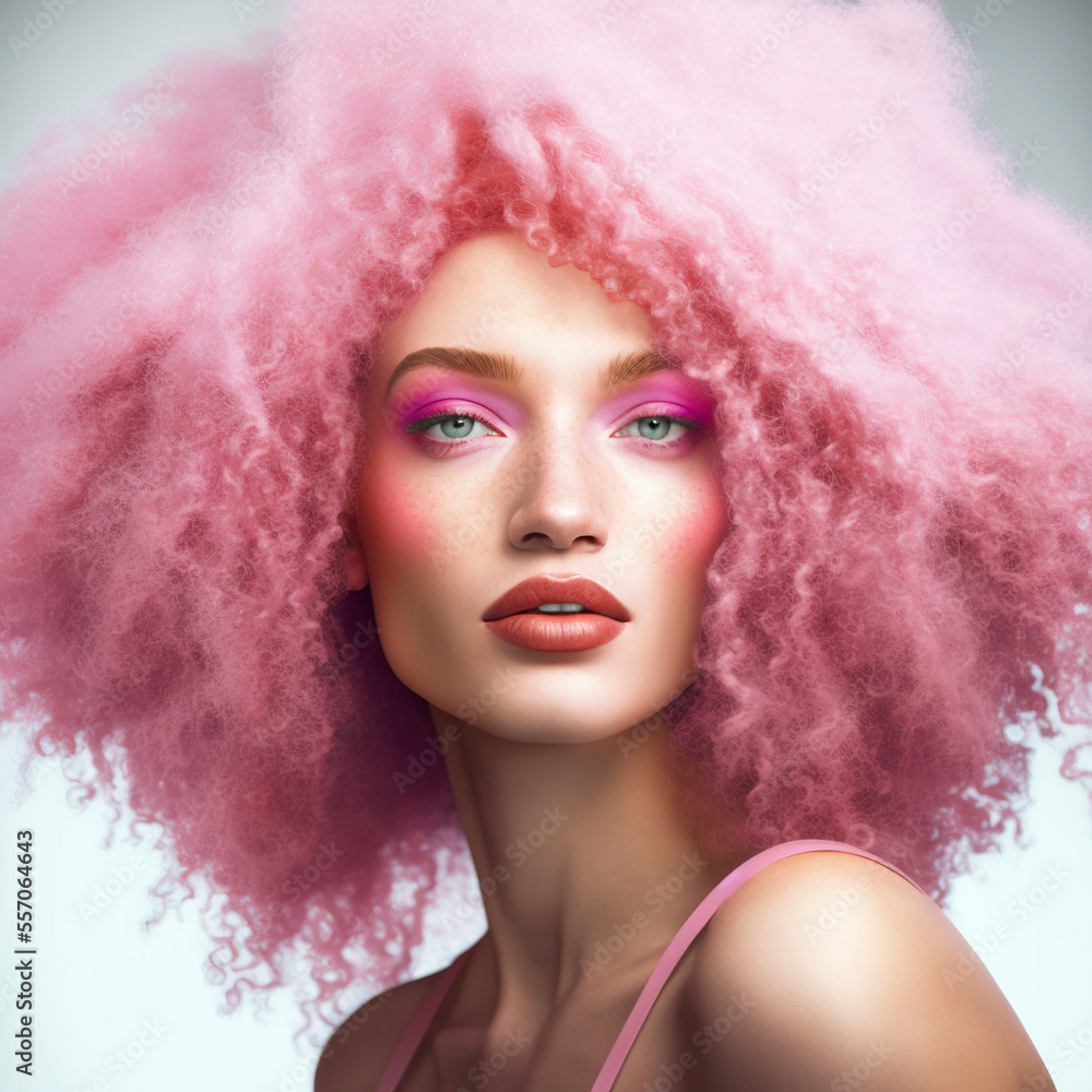Portrait of beautiful woman with pink curly hair. AI generated image.