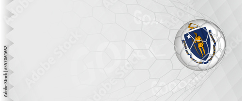 Banner design of a football ball with flag of Massachusetts in football net, the goal by national soccer team of Massachusetts.