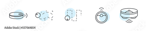 Cleaning robot modern line icon set, robotic vacuum cleaning concept, floor mop device flat style vector icons, automatic washer emblems, smart cleansing symbols isolated on white background