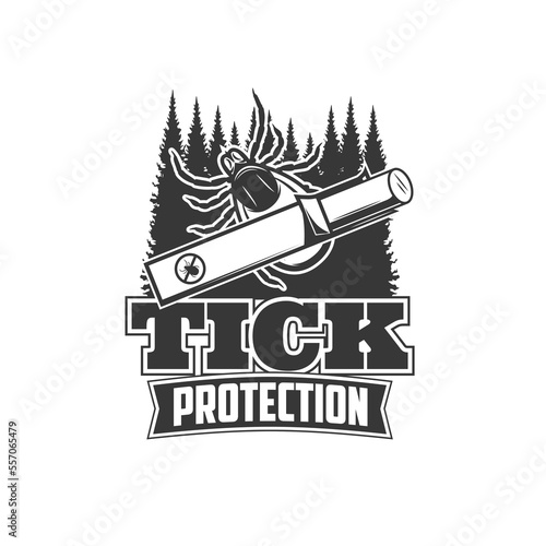 Tick protection icon, insect bugs or mites and forest parasites, vector symbol. Tick protection and health safety at nature, encephalitis disease prevention warning sign with tick insecticide remedy