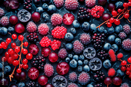 Red and black currants and frozen mixed berries in close up as food backdrop. Generative AI