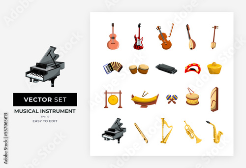 Musical instruments vector set Illustration. a collection of various musical instruments such as guitar, piano, trumpet, saxophone, violin, etc. Isolated fully editable eps 10.