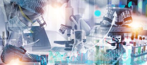 Double exposure microscope and Young woman scientific using equipment in the laboratory for research.Biotechnology,development,chemical,vaccine,COVID-19. Photo concept experimentation and research.
