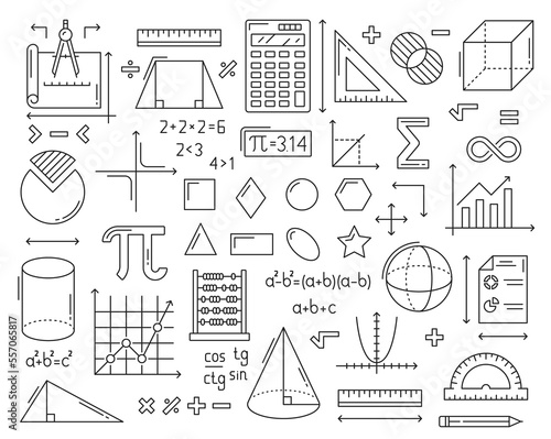 Mathematics icons. Geometry cube, cone and sphere figures, algebra formulas, infographics graphs and protractor, ruler, compass mathematics tools outline vector symbols or school educations icons set photo
