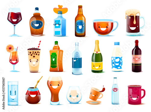 Cartoon cheerful drinks and beverage characters. Isolated vector wine glass, rum, mexican tequila and foamy beer tankard. Coffee or tea cup, bubble cocktail, milk, champagne, pulque and water
