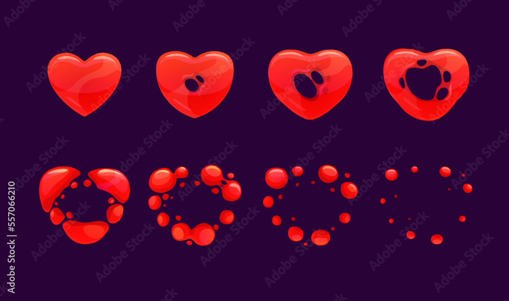 Heart explosion sprite, vector animation sequence frame with red cartoon heart disappear in air. Love spell, boom comic book effect, ui or gui storyboard motion and diffusion vfx effect Heart explosion sprite, vector animation sequence frame with red cartoon heart disappear in air. Love spell, boom comic book effect, ui or gui storyboard motion and diffusion vfx effect