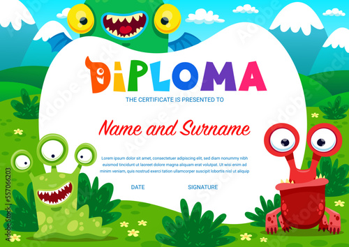 Kids diploma cartoon monster characters. Education school or kindergarten certificate vector template with cute and funny aliens or mutants personages at summer landscape. Kids award or graduate frame