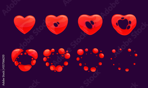 Heart explosion sprite, vector animation sequence frame with red cartoon heart disappear in air. Love spell, boom comic book effect, ui or gui storyboard motion and diffusion vfx effect