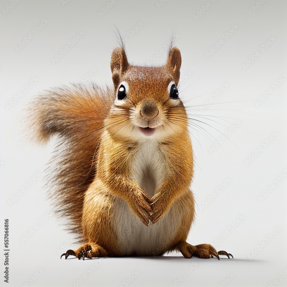 A happy squirrel standing, isolated on a white background - obrazy, fototapety, plakaty 
