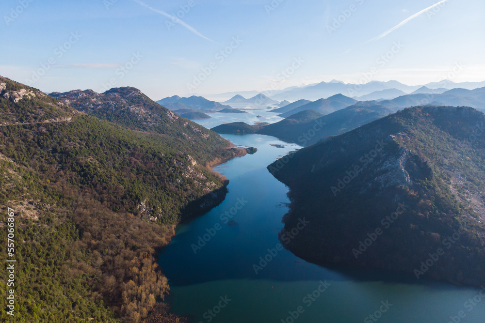 Aerial view of Skadar Lake National park panoramic landscape, Montenegro, Skadarsko jezero, also called Shkodra or Scutari, with mountains in a sunny day