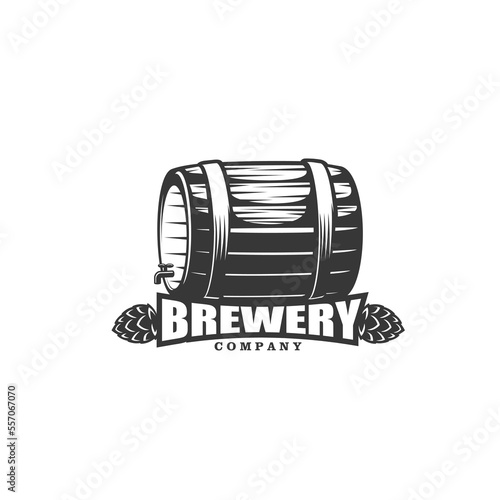 Beer brewery icon. Craft beer pub or bar vector symbol. Lager and ale local brewery monochrome label, vintage sign or icon with wooden barrel, hops flowers and typography