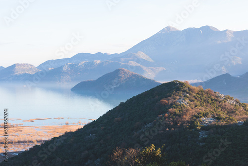 Aerial view of Skadar Lake National park panoramic landscape, Montenegro, Skadarsko jezero, also called Shkodra or Scutari, with mountains in a sunny day