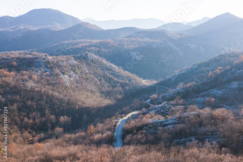 Aerial view of Skadar Lake National park panoramic landscape, Montenegro, Skadarsko jezero, also called Shkodra or Scutari, with mountains in a sunny day photo