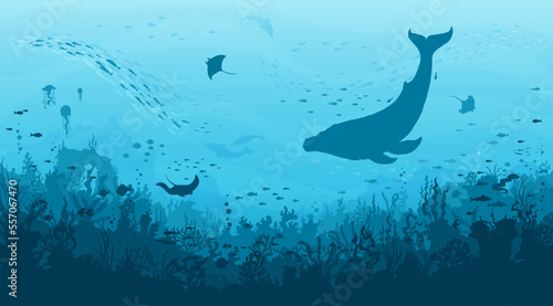 Underwater landscape, sperm whale, fish shoal and manta ray in seaweeds, vector undersea background. Sea or ocean deep water and coral reef landscape with whale and manta rays on sunken city ruins © Vector Tradition