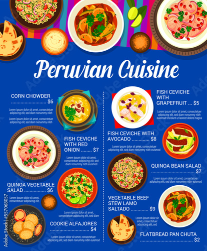 Peruvian cuisine menu with vector fish, meat and vegetable food. Seafood ceviche and beef stew lomo saltado with flatbread and quinoa salad, corn chowder and dulce de leche sandwich cookie alfajor