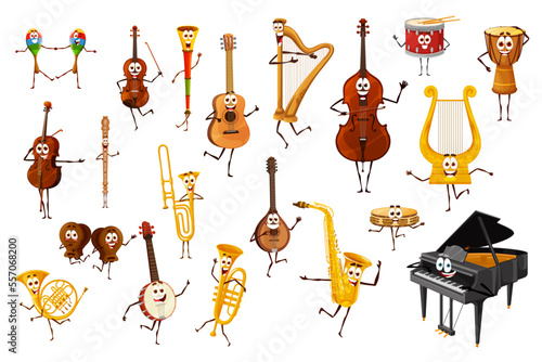 cartoon musical instrument characters and personages. Vector maracas, violin, guitar and vuvuzela, harp, double bass or grand piano. Castanets, tambourine, saxophone and banjo with trumpet or flute