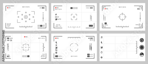 Camera viewfinder screen. DSLR interface focus screen, photo camera transparent border or vector overlays set. Camcorder viewfinder display, videography device preview grid background