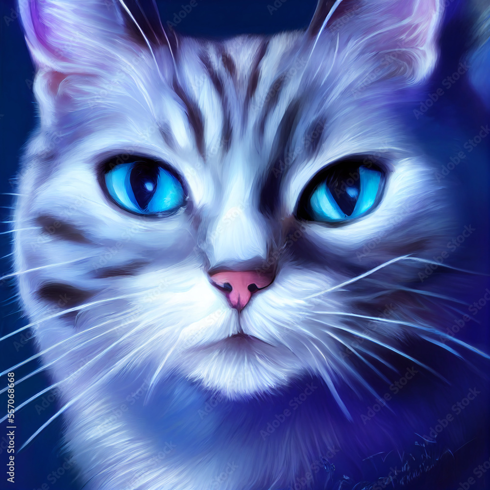 cute animal little pretty blue cat portrait from a splash of watercolor illustration