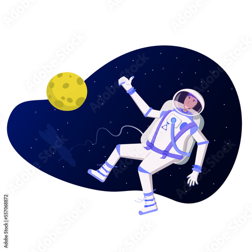 astronaut in space against the background of the moon and spaceship vector illustration