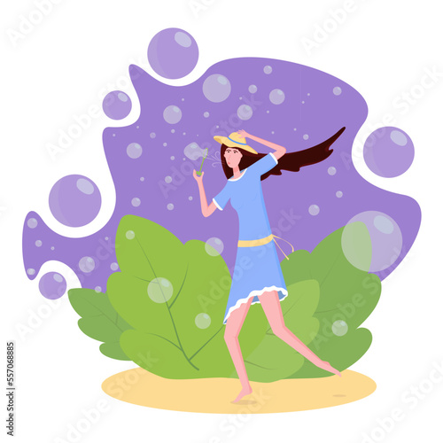 Girl blowing soap bubbles vector illustration