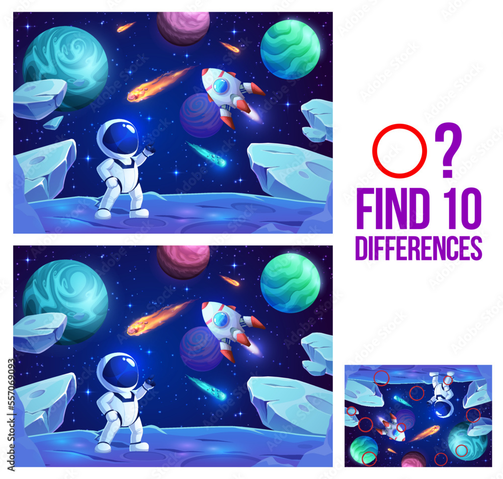 Find ten differences. Cartoon astronaut on planet surface. Objects ...