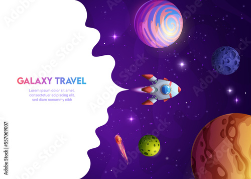 Space landing page space rocket in galaxy. Vector background with spaceship travel in Universe. Shuttle flying in alien world with planets, stars and white smoke frame. Futuristic cosmic exploration