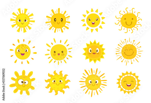 Sun characters, happy face and cartoon weather smile, summer sunshine vector icons. Cute sun characters, sunny emoji or cartoon funny kids emoticons with expressions, sun shine