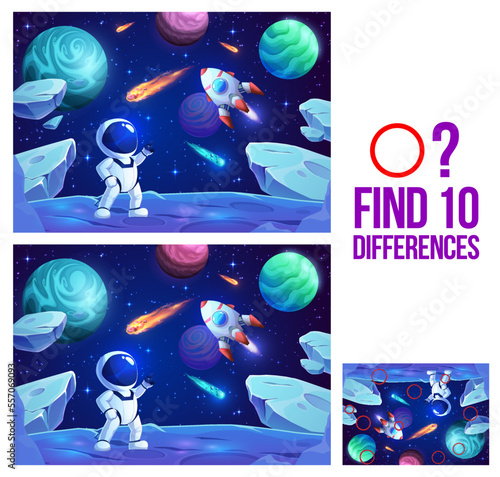 Find ten differences. Cartoon astronaut on planet surface. Objects comparing game, matching vector quiz or kids puzzle vector worksheet with space starship, astronaut cute personage on galaxy planet