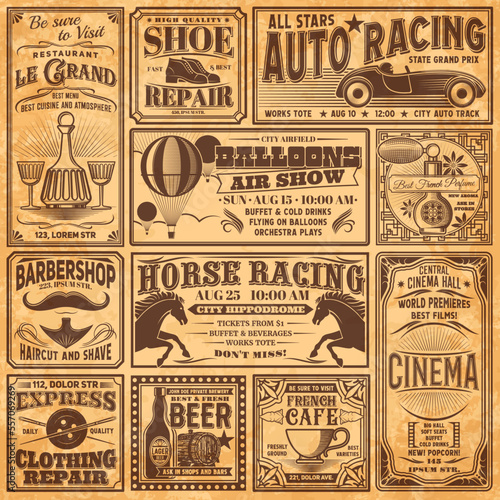 Vintage newspaper banners, old advertising. Barbershop, cinema, air balloon show, restaurant, car racing, beer pub or bar, shoe and clothing repair retro banners, newspaper or old magazine paper page