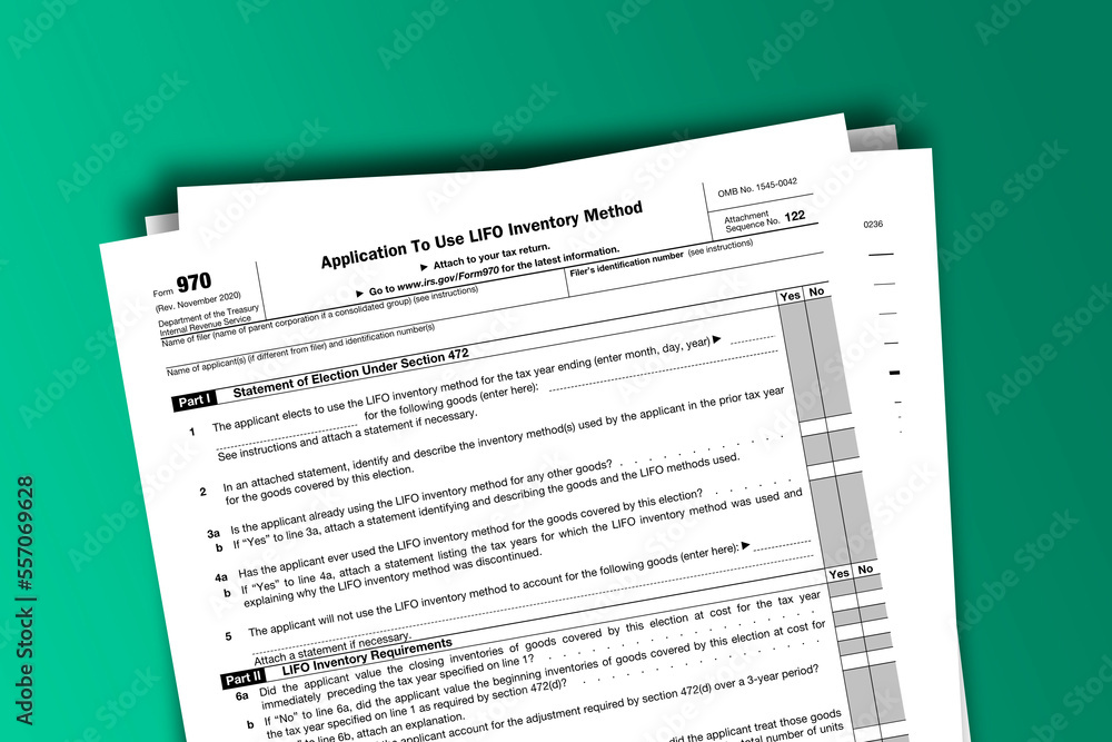 Form 970 documentation published IRS USA 43933. American tax document on colored Form 970 documentation published IRS USA 43933. American tax document on colored