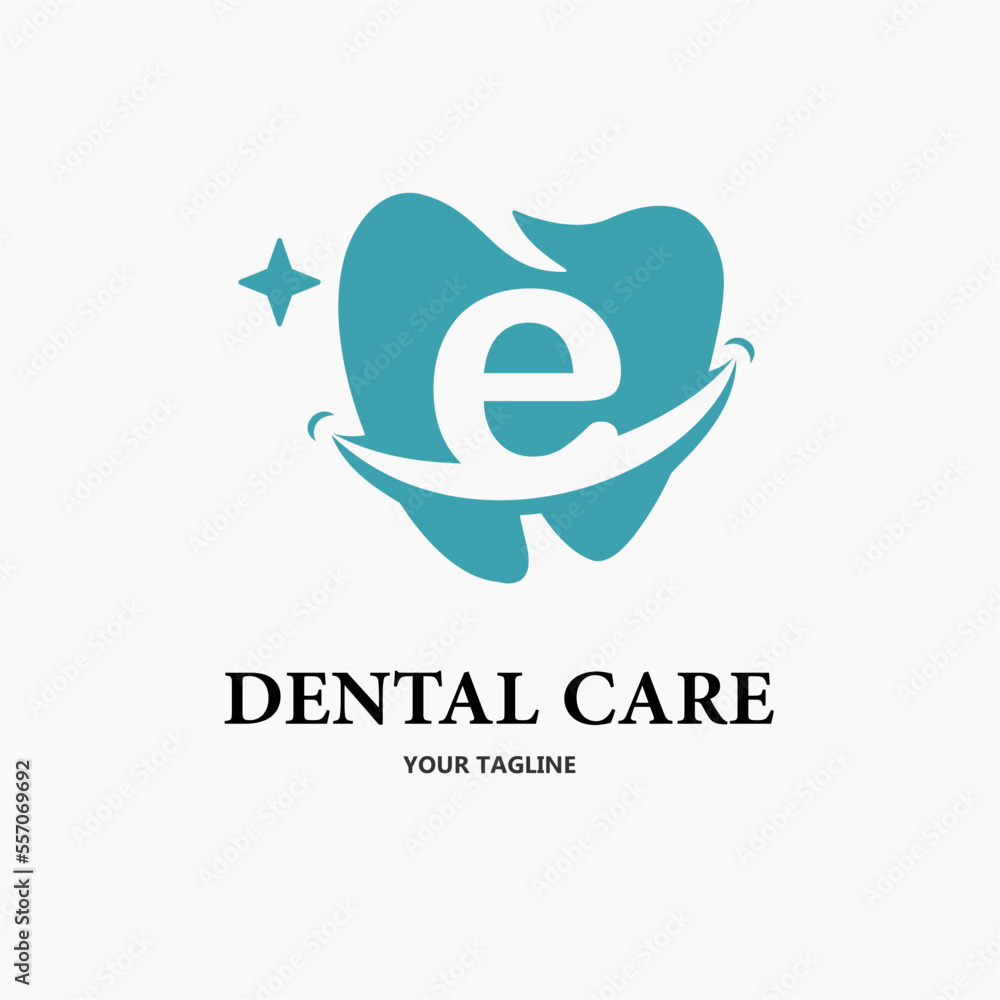 Initial Letter e with Tooth and Smile Icon for Dental Health Care and Dental Clinic, Dentistry Business Logo Idea Template