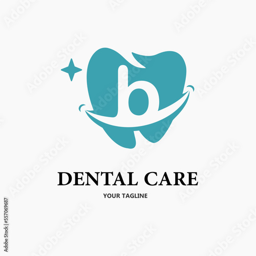 Initial Letter b with Tooth and Smile Icon for Dental Health Care and Dental Clinic, Dentistry Business Logo Idea Template