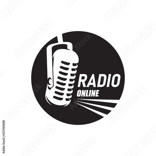 Online radio, live broadcast icon. Live podcast symbol or icon, news broadcast vector emblem or circle pictogram. Online radio station monochrome round sign with vintage microphone