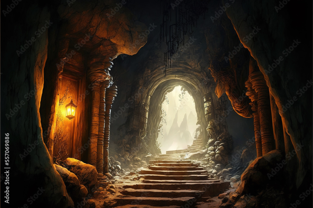 Illustration of a hidden fantasy underground cave city with intricate