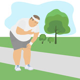 A fat man runs in the park to lose weight,feels cardiac problems and fatigue.Vector illustration.