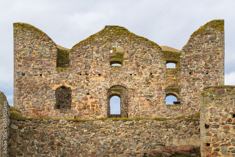 The ruins of Brahehus Castle are located by the lake Vättern near Gränna in Småland, Sweden. The castle was abandoned by the 1680s and suffered a fire in 1708. High resolution photo.
