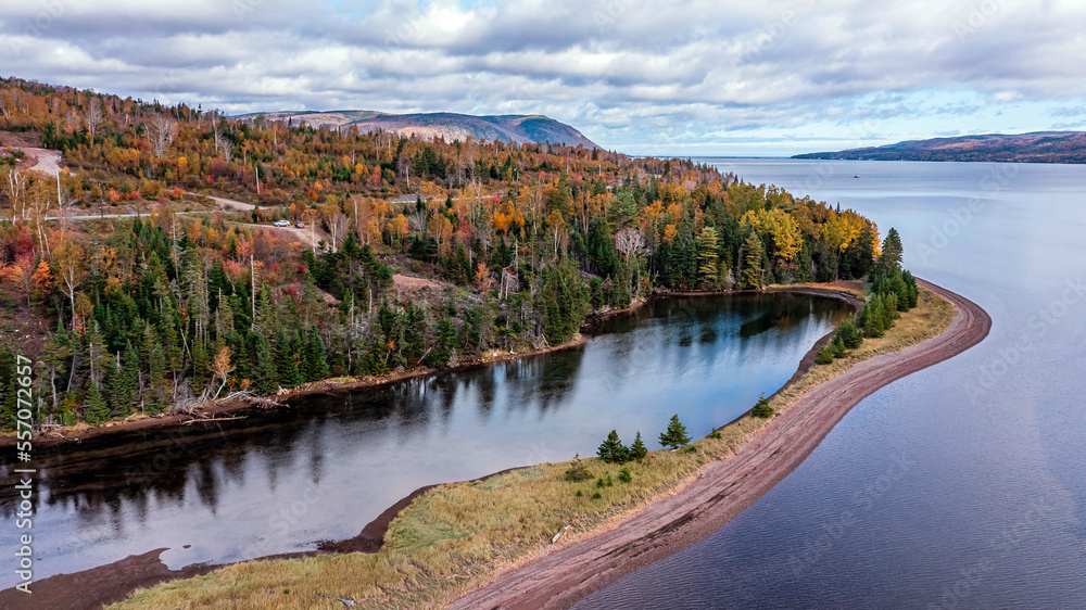 Fototapeta premium Autumn Colors in Forest, Drone view of Cape Breton Island, Forest Drone view, Colorful Trees in Jungle, Forest Drone View, Island Drone view, Autumn Colors in Jungle, Mountain Landscape Fall Colors
